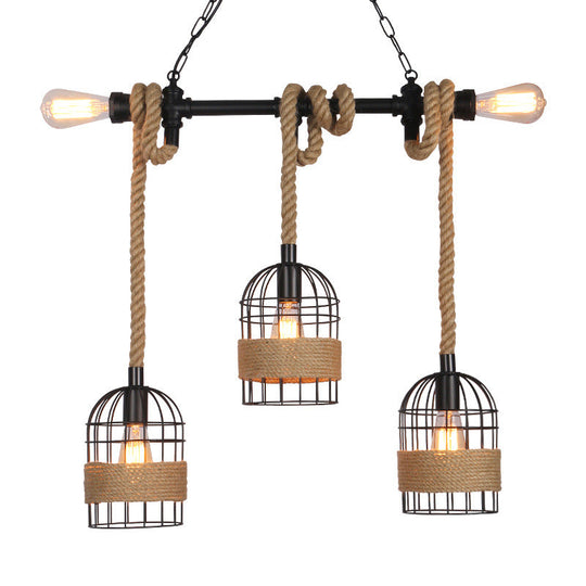 Rustic 5-Light Black Birdcage Island Pendant For Dining Rooms