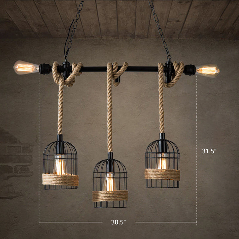 Rustic 5-Light Black Birdcage Island Pendant For Dining Rooms