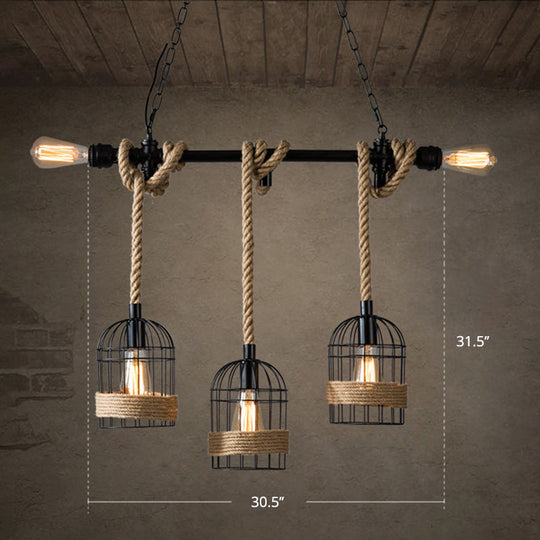 Rustic 5-Light Black Birdcage Island Pendant For Dining Rooms