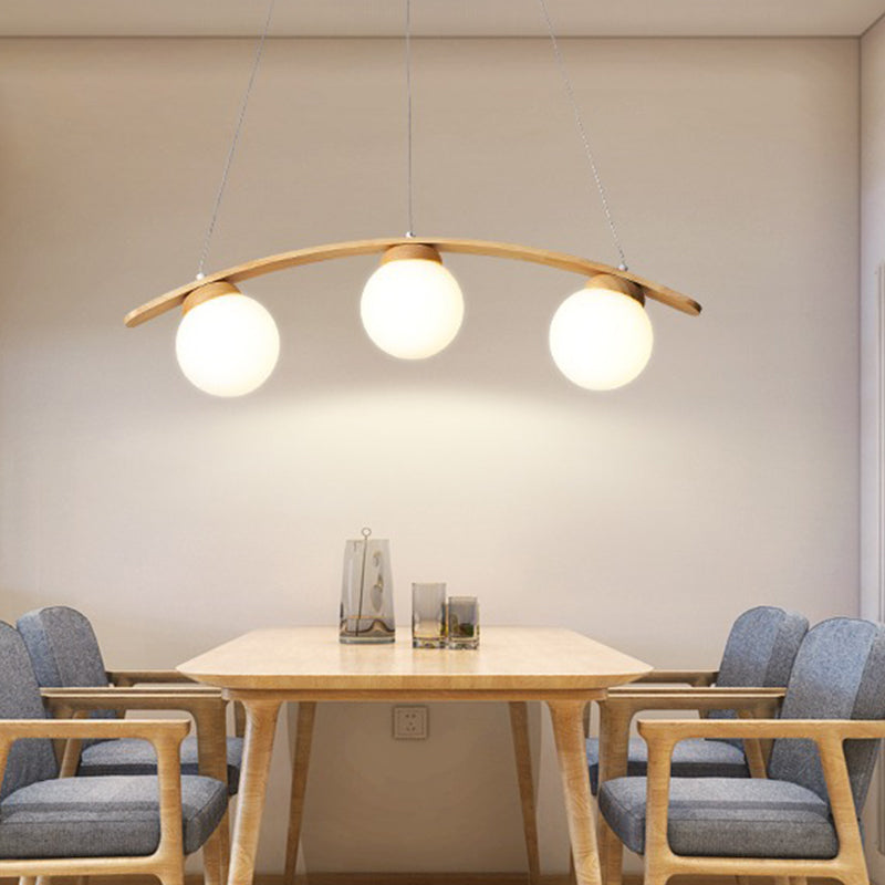 Nordic Wooden 3-Head Pendant Light With White Glass Shades - Arc Island Ceiling Lamp For Dining Room