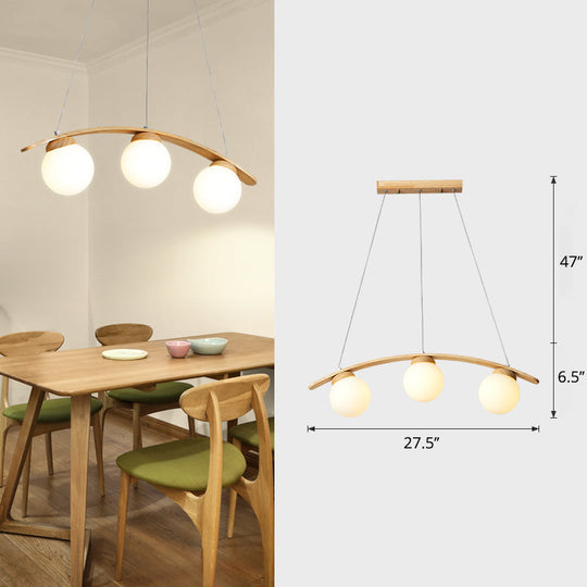 Nordic Wooden 3-Head Pendant Light With White Glass Shades - Arc Island Ceiling Lamp For Dining Room