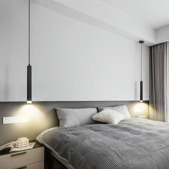 Black Metal Bedside Pendant Light: Simplicity Tube Led Suspension Lamp / Long Column