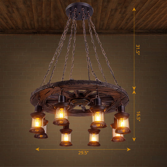 Nautical Lantern Glass Ceiling Chandelier With Wooden Suspension For Living Room Wood / Wheel