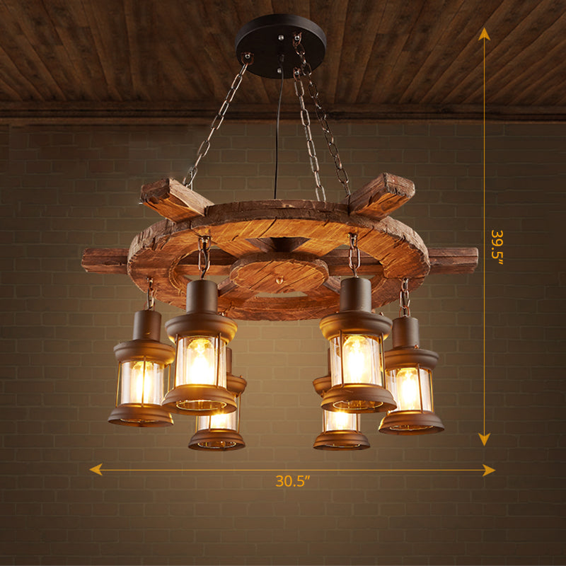 Nautical Lantern Glass Ceiling Chandelier With Wooden Suspension For Living Room Wood / Rudder