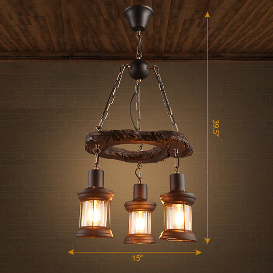 Wooden Nautical Lantern Ceiling Chandelier with Clear Glass for Living Room