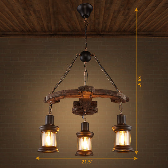 Wooden Nautical Lantern Ceiling Chandelier with Clear Glass for Living Room