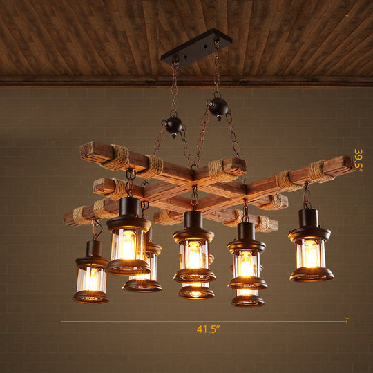 Nautical Lantern Glass Ceiling Chandelier With Wooden Suspension For Living Room Wood / Square