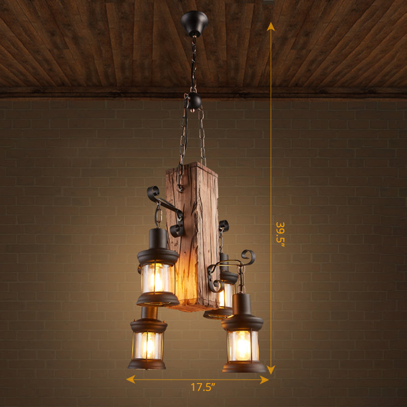 Nautical Lantern Glass Ceiling Chandelier With Wooden Suspension For Living Room Wood / Long Arm