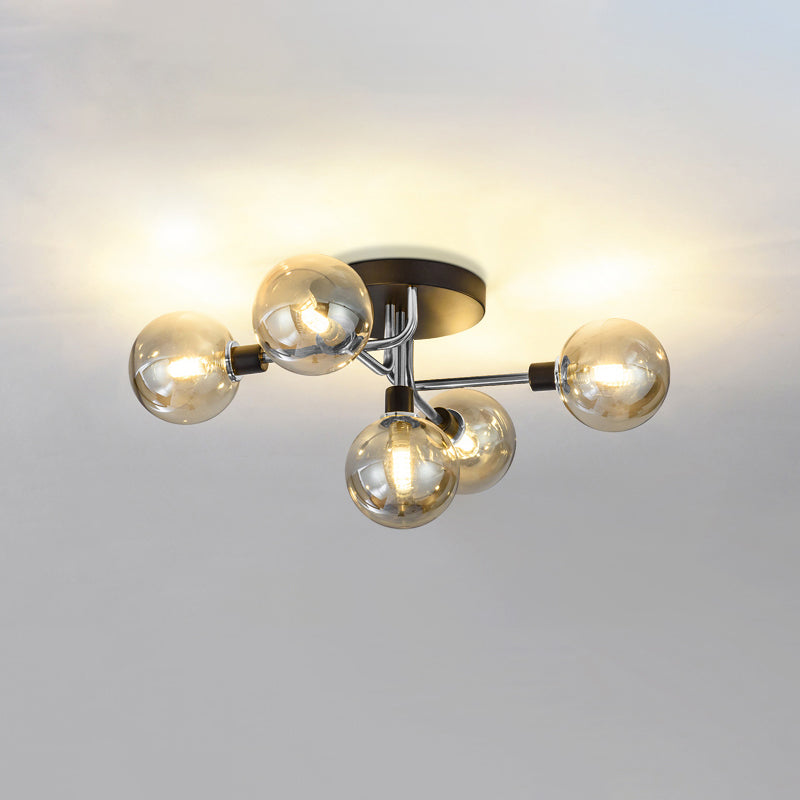 Postmodern Semi Flush Ceiling Lamp - 5-Light Dining Room Light Fixture with Ball Glass Shade