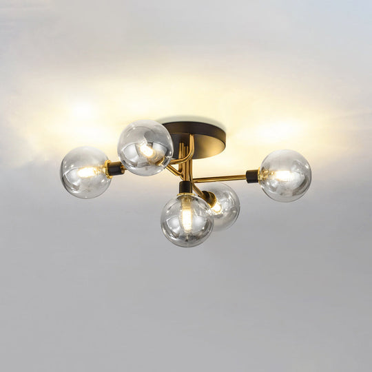 Postmodern Semi Flush Ceiling Lamp - 5-Light Dining Room Light Fixture with Ball Glass Shade