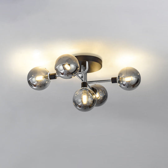 Postmodern Semi Flush Ceiling Lamp - 5-Light Dining Room Light Fixture with Ball Glass Shade