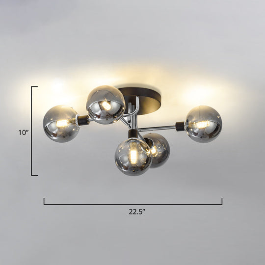 Postmodern Semi Flush Ceiling Lamp - 5-Light Dining Room Light Fixture with Ball Glass Shade