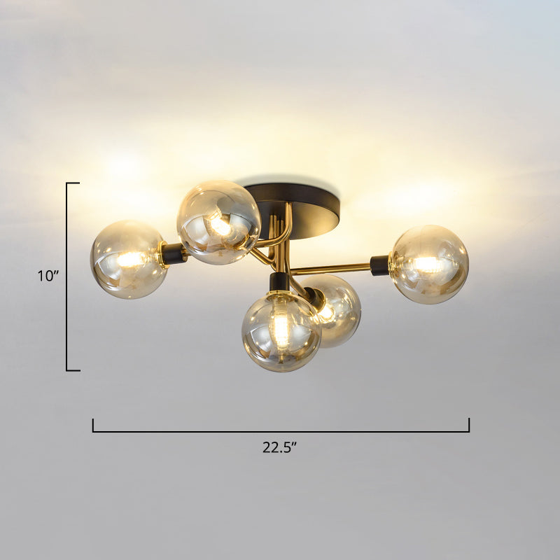 Postmodern Semi Flush Ceiling Lamp - 5-Light Dining Room Light Fixture with Ball Glass Shade