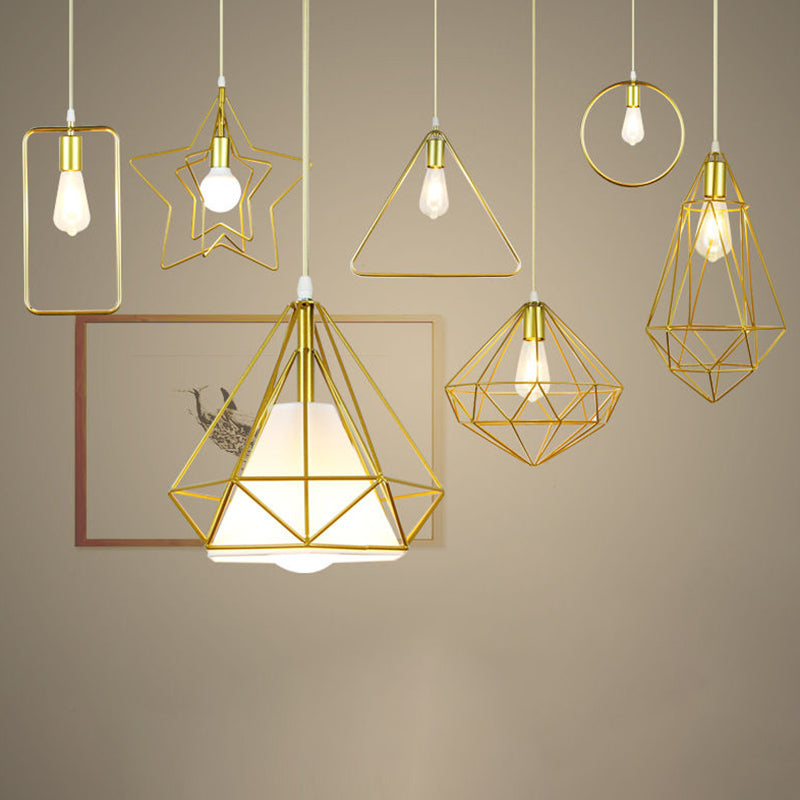 Nordic Metal Pendant Ceiling Light - Gold Cage Frame Design With 1 Bulb Ideal For Dining Room