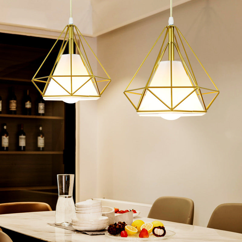 Nordic Metal Pendant Ceiling Light - Gold Cage Frame Design With 1 Bulb Ideal For Dining Room