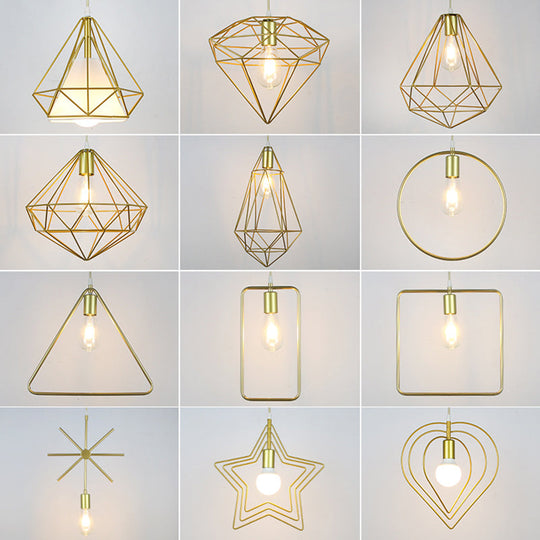 Nordic Metal Pendant Ceiling Light - Gold Cage Frame Design With 1 Bulb Ideal For Dining Room