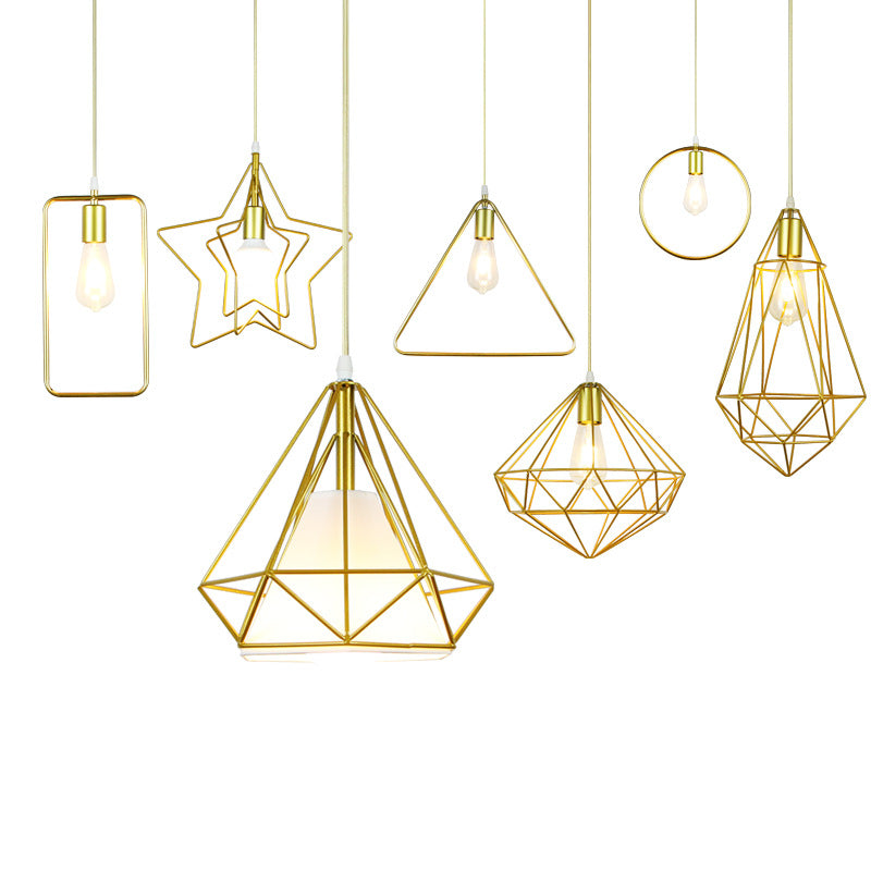 Nordic Metal Pendant Ceiling Light - Gold Cage Frame Design With 1 Bulb Ideal For Dining Room