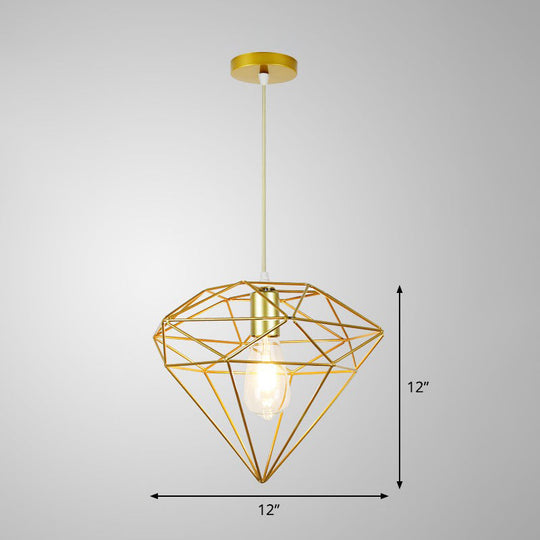 Nordic Metal Pendant Ceiling Light - Gold Cage Frame Design With 1 Bulb Ideal For Dining Room