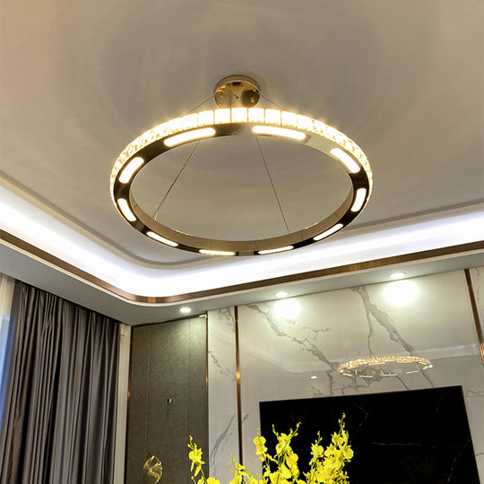 Crystal-Embedded LED Chandelier Ring Pendant Light for Living Room with Gold Finish