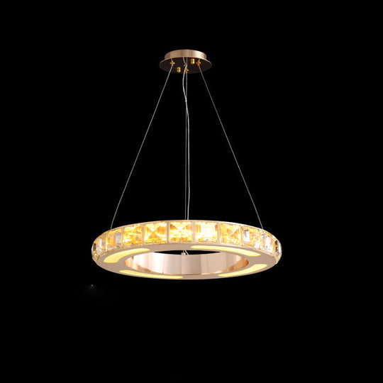 Crystal Embedded Gold Ring Chandelier With Led Pendant Light For Living Room / 15.5