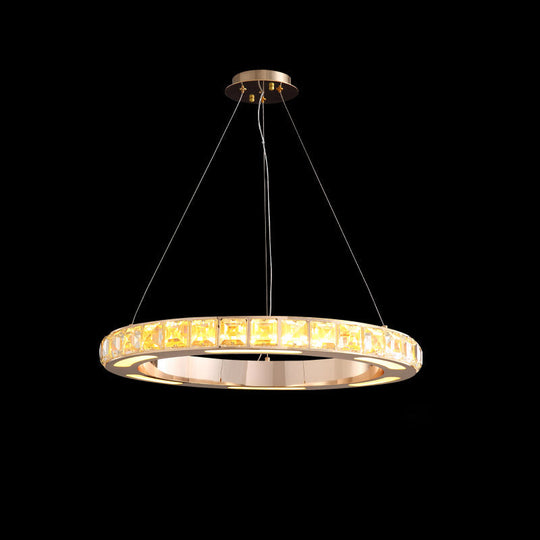 Crystal Embedded Gold Ring Chandelier With Led Pendant Light For Living Room / 23.5