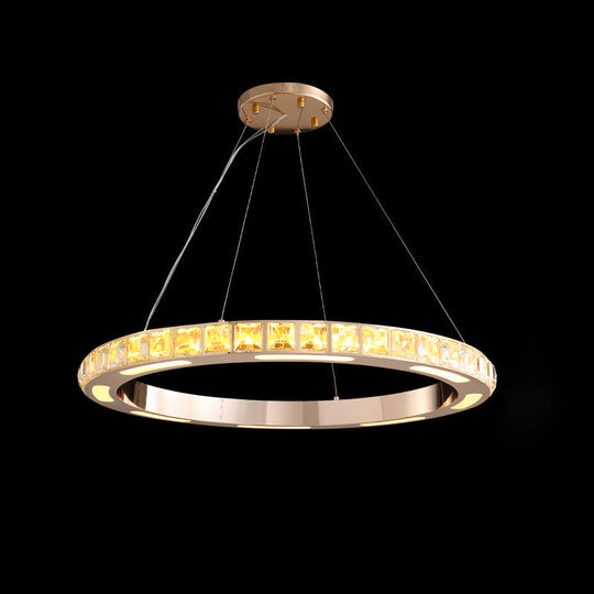 Crystal Embedded Gold Ring Chandelier With Led Pendant Light For Living Room / 31.5