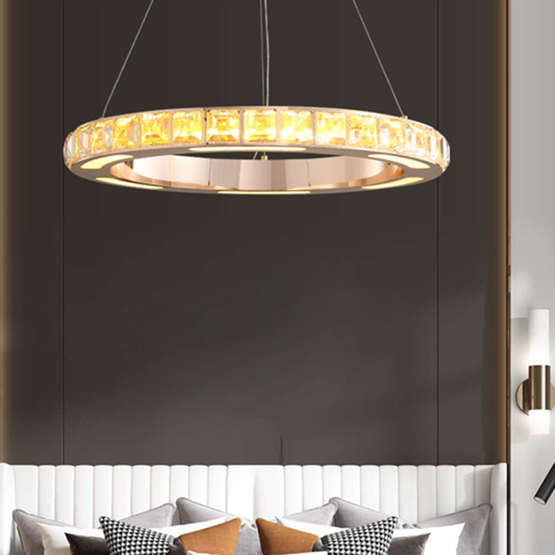 Crystal-Embedded LED Chandelier Ring Pendant Light for Living Room with Gold Finish