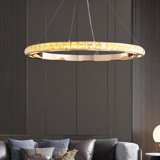 Crystal-Embedded LED Chandelier Ring Pendant Light for Living Room with Gold Finish