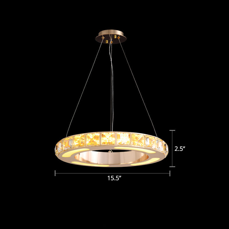 Crystal-Embedded LED Chandelier Ring Pendant Light for Living Room with Gold Finish