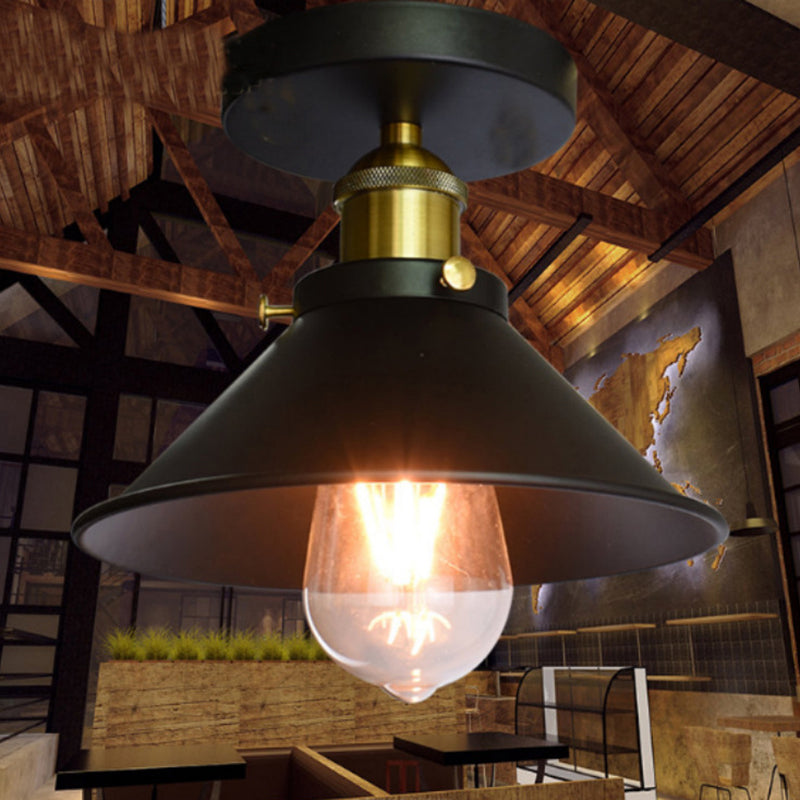 Black Metal Flared Flush Mount Lamp - Farmhouse Corridor Ceiling Light