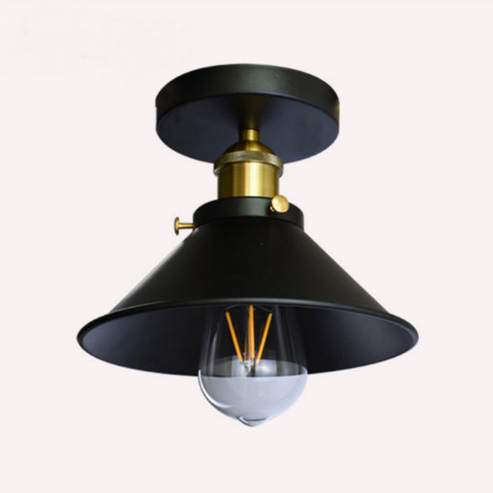 Black Metal Flared Flush Mount Lamp - Farmhouse Corridor Ceiling Light