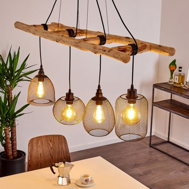 Rustic Wood Iron Mesh Suspension Lighting - 4-Bulb Dining Room Island Light