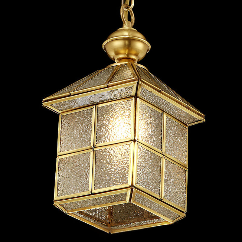 Gold Colonial Chic Glass Pendant Light - House Shaped Drop Design 1 Bulb Suspension For Dining Room