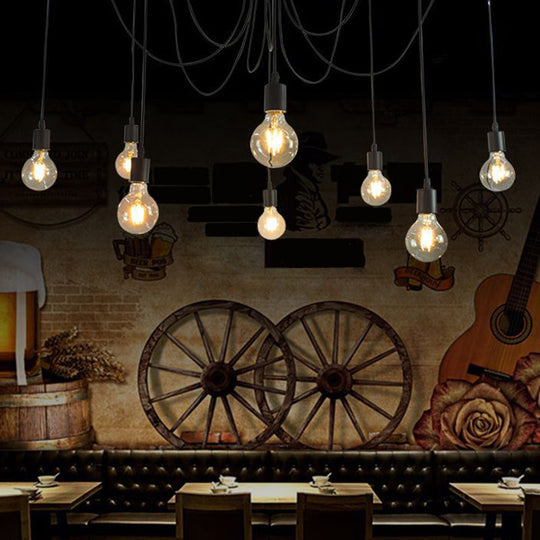 Industrial Black Metal Spider Ceiling Lamp - 8 Bulbs Swag Pendant Lighting For Restaurants