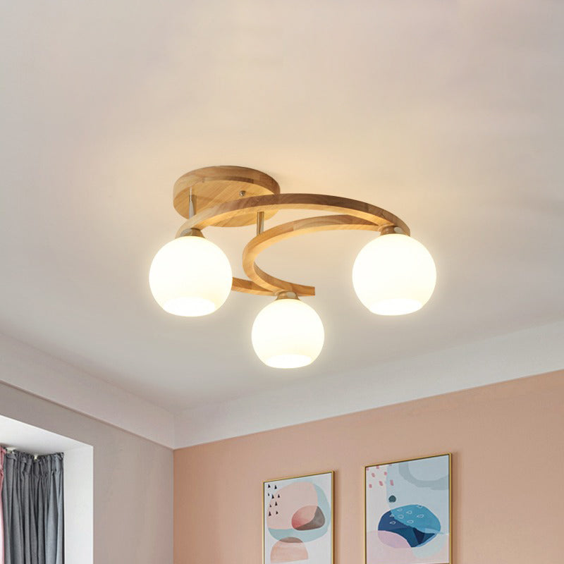 Nordic Wooden Semi Flush Bedroom Ceiling Lamp with Milk Glass Shade