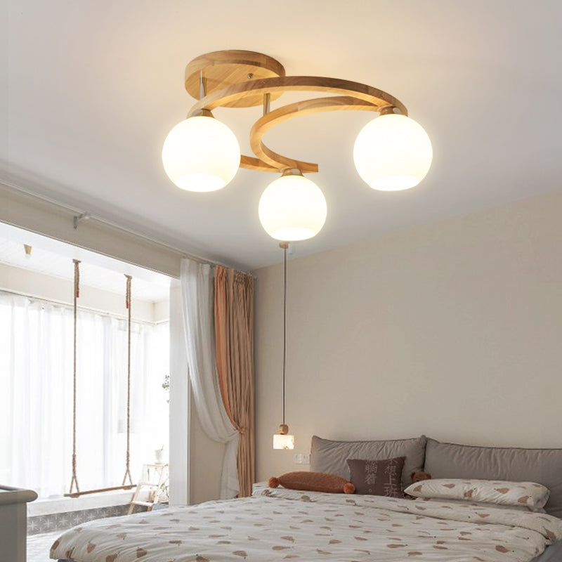 Nordic Wooden Crescent Ceiling Lamp - Semi Flush Light With Milk Glass Dome Shade For Bedroom 3 /