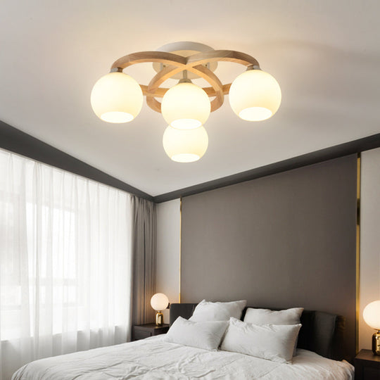 Nordic Wooden Semi Flush Bedroom Ceiling Lamp with Milk Glass Shade