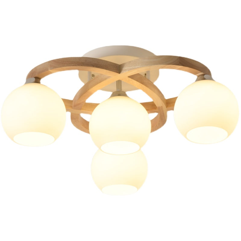 Nordic Wooden Semi Flush Bedroom Ceiling Lamp with Milk Glass Shade