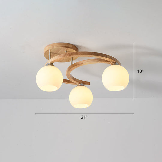 Nordic Wooden Semi Flush Bedroom Ceiling Lamp with Milk Glass Shade