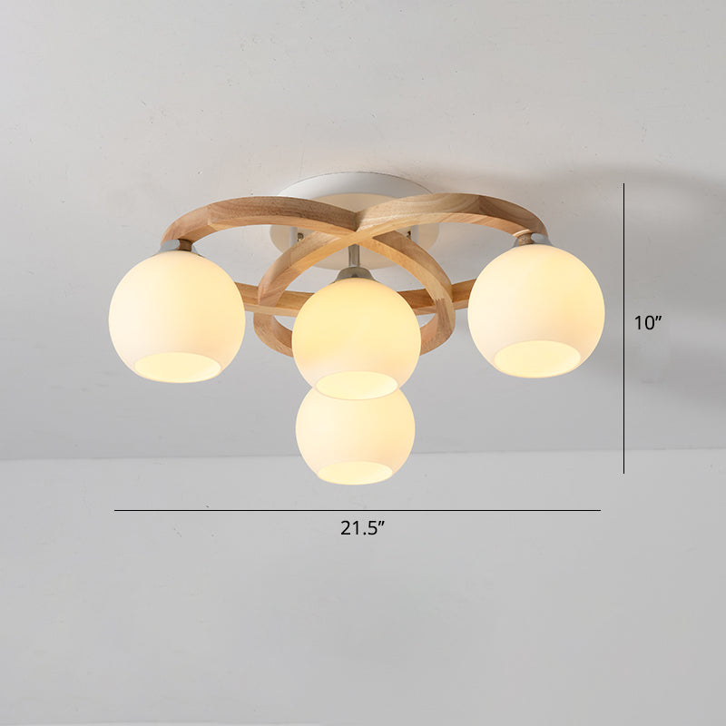 Nordic Wooden Semi Flush Bedroom Ceiling Lamp with Milk Glass Shade