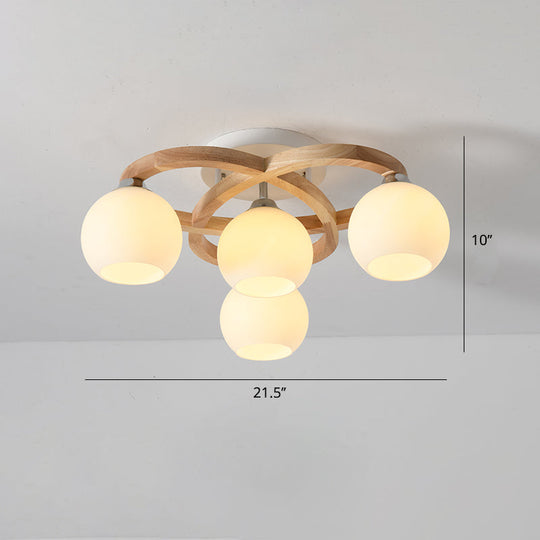 Nordic Wooden Crescent Ceiling Lamp - Semi Flush Light With Milk Glass Dome Shade For Bedroom