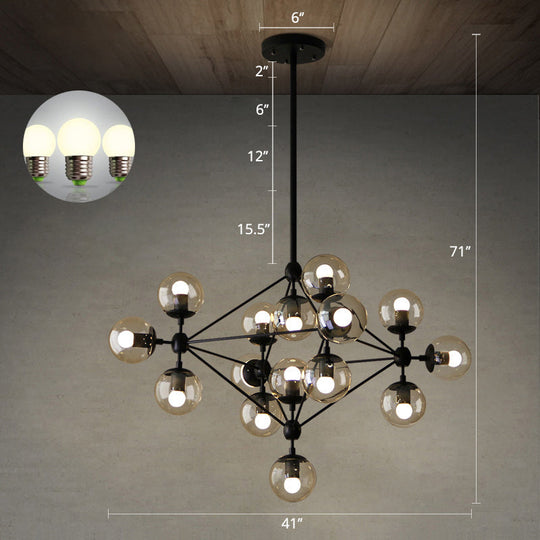 Black Glass Ball Chandelier - Loft Style Hanging Light Fixture for Bedroom