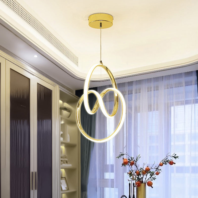 Art Deco Gold Finish Led Suspension Lamp - Interlocking Metal Chandelier For Restaurants