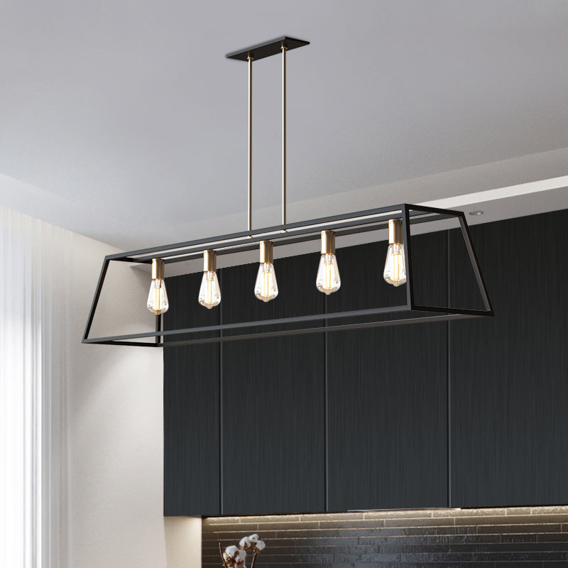 Industrial Black Trapezoid Island Light: 5-Bulb Metal Fixture For Dining Room Ceiling Suspension