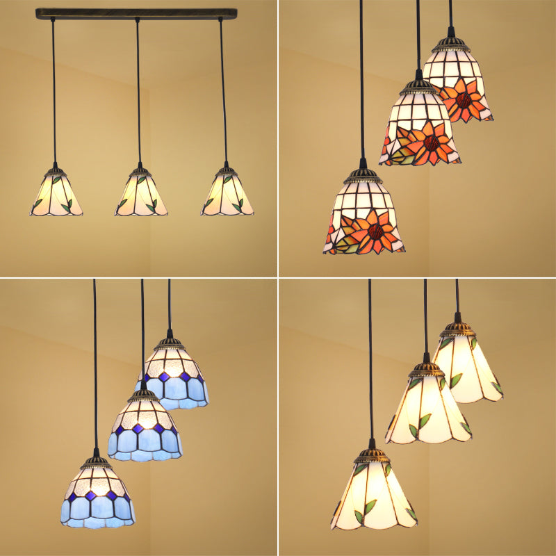 Tapered Stained Glass Cluster Pendant Light - Tiffany Style - 3 Light Suspension Fixture