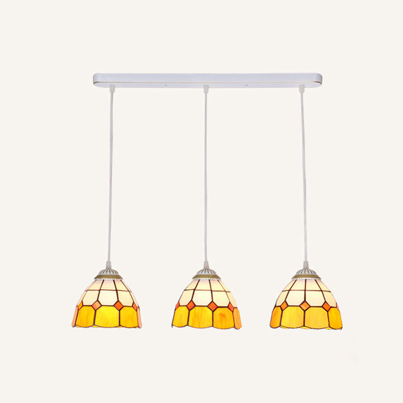 Tapered Tiffany Stained Glass Cluster Pendant Light - 3-Light Suspension Fixture White / Yellow