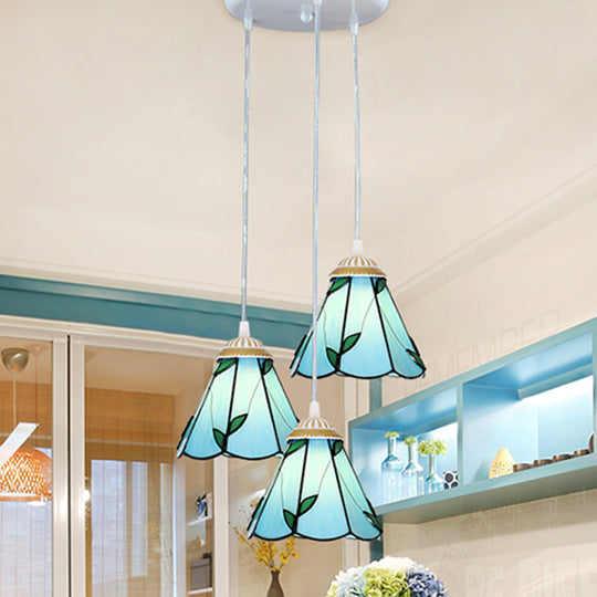 Tapered Tiffany Stained Glass Cluster Pendant Light - 3-Light Suspension Fixture