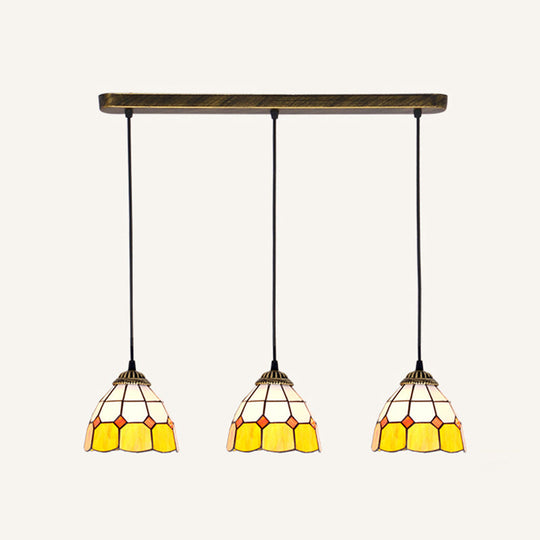 Tapered Tiffany Stained Glass Cluster Pendant Light - 3-Light Suspension Fixture Gold-Black / Yellow