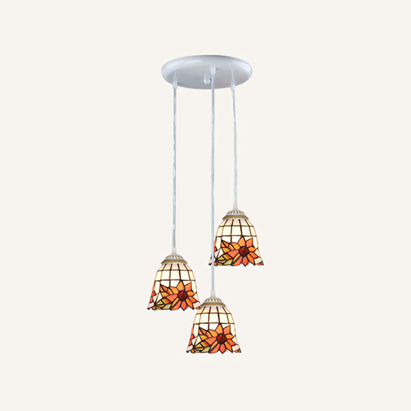 Tapered Tiffany Stained Glass Cluster Pendant Light - 3-Light Suspension Fixture White / Orange