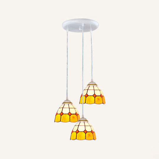 Tapered Tiffany Stained Glass Cluster Pendant Light - 3-Light Suspension Fixture White / Yellow